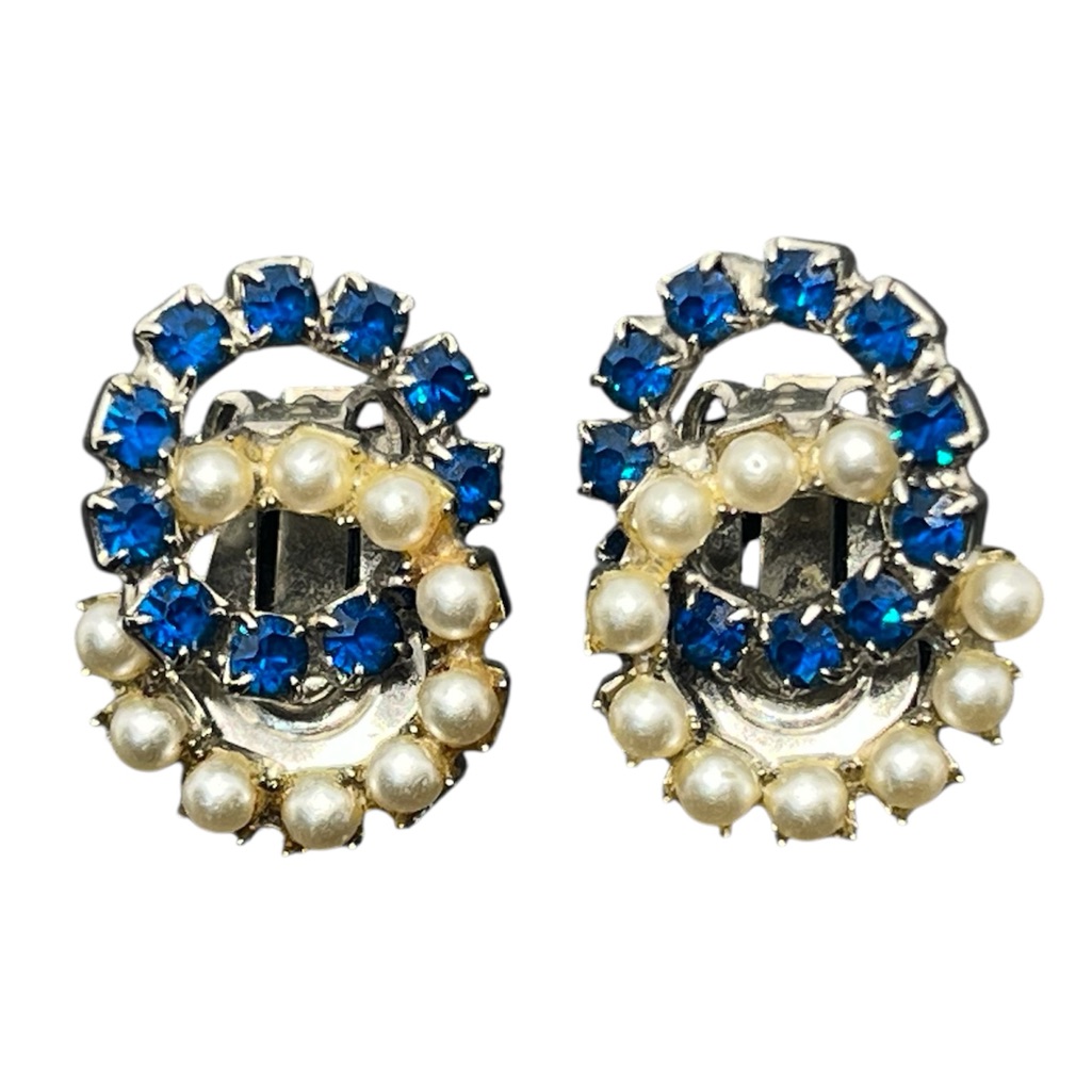 Weiss Blue Rhinestone Faux Pearl Interlocking Circle Silver Tone Clip Earrings